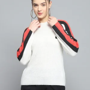 rock.it women white solid round neck full sleeve pullover